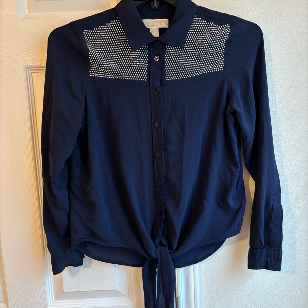 Navy Button-Up Shirt with Studded Detail